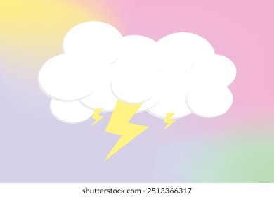 Nuvens de Pastel com Raio Parafuso Ilustração divertida e divertida de uma nuvem branca com raios ajustados contra um fundo suave, pastel gradiente.  Perfeito para capas de livros infantis, social 