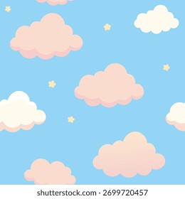 Pastel clouds and stars seamless pattern on blue sky Keywords: clouds, sky, seamless pattern