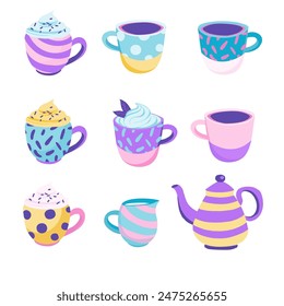 Pastel Coffee and Tea Set Illustration - Playful and Whimsical Design. Flat style vector illustration