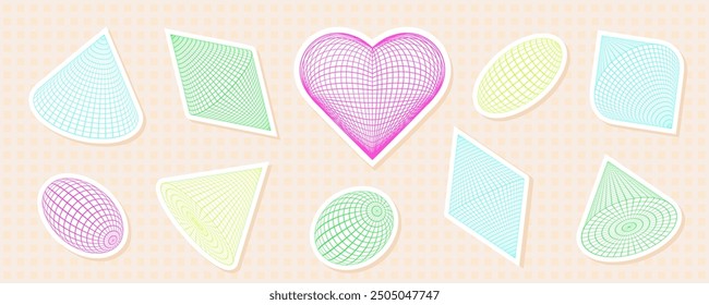 Pastel collection of geometric shapes, featuring a heart, with grid wireframe and mesh patterns. Abstract y2k sticker design, highlighting futuristic and retro elements.