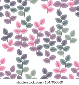 Pastel color abstract bush leaves seamless pattern on wight background. Elegant simple vintage vibes floral repeatable motif for textile, surface design, wrapping paper.