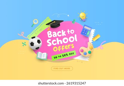 Pastel color back to school sale concept with wavy background. 3d sale concept elements. Vector illustration template for banner, web and promotion.