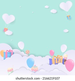 Pastel color background design with cloud, gift box, balloon, and dessert. Paper art style.