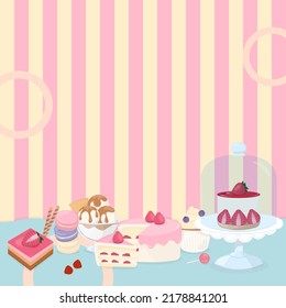 Pastel color background with dessert. Design with a cake, cupcake, and ice cream.