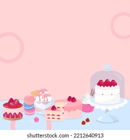 Pastel color background with dessert. Design with a cake, cupcake, and ice cream.