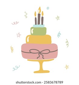Pastel color birthday cake with candles and festive swirls on top. vector illustration