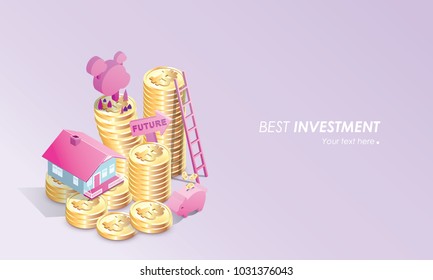pastel color bitcoin concept vector illustration of home , stair, piggy bank savings and making investments for bitcoin and blockchain. isometric design of investment bitcoin for better future