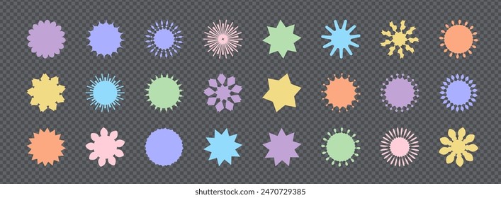 Pastel color blank stickers promo set. Collection of flat starburst, sale or price tag, quality mark design, retro 70s or 80s discount badge, sunray promotional element. Vector of hipster badges.