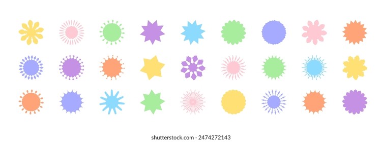Pastel color blank stickers promo set. Collection of flat starburst, sale price tag, quality mark design, retro discount badge, sunray promotional element isolated on white background. Vector badges.