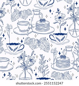 Pastel Color Breakfast Theme Seamless Pattern with Pancakes, Coffee, Teacups, Flowers, and Monstera Plants. Vector background