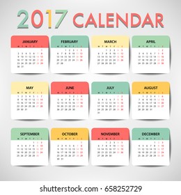 Pastel color Calendar for 2017 for organization and business. Week Starts Monday. Simple Vector Template. EPS10
