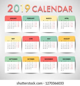 Pastel color Calendar for 2019 for organization and business. Week Starts Monday. Simple Vector Template. EPS10