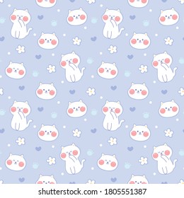 Pastel color concept.Seamless pattern of cute cat on blue background.Animal charater design.Pet hand drawn cartoon.Image for kid product,wallpaper,card.Vector.Illustration.