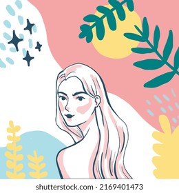 Pastel color content for instagram illustration of Woman with long hair showing her shoulder vector. Perfect for beauty product and cosmetic content, packaging, and mascot