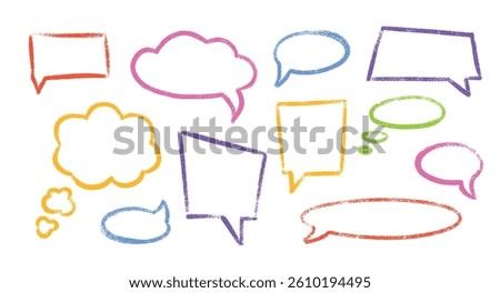 Pastel color crayon speech bubble set - hand drawn chat cloud shapes, dialog boxes, thought balloons. Communication design elements for comics cartoon conversations and ideas messages.