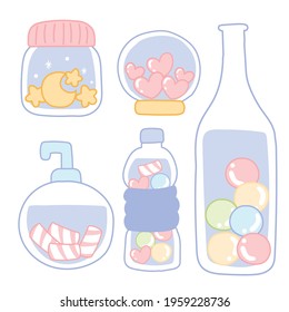 Pastel color.Set of cute bottle hand drawn.Star,heart,candy cartoon doodle.Isolated.Kawaii.Vector.Illustration.
