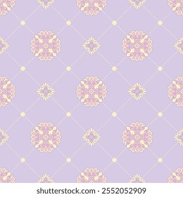Monograma de damasco de color pastel sobre fondo púrpura pálido. Patrón sin costuras floral de Antiguas. Diseñado para tela, bordado tradicional, Fondo de pantalla de arte, textil, envoltura, alfombra