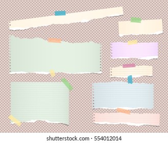 Pastel color, different size ripped note, notebook, copybook paper sheets stuck with coloful sticky tape on squared pattern