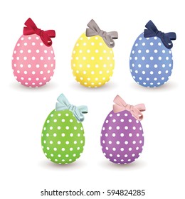 Pastel color Easter eggs decoration with white dot and satin ribbon bow. Vector illustration. Easter eggs for Easter holidays design on white background.