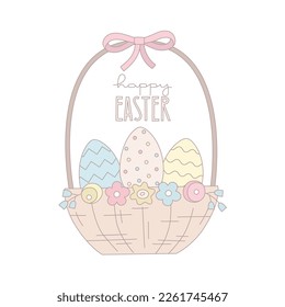 Pastel color Easter vector illustration with basket, eggs, flowers, lettering. Can use for card, banner, invitation.