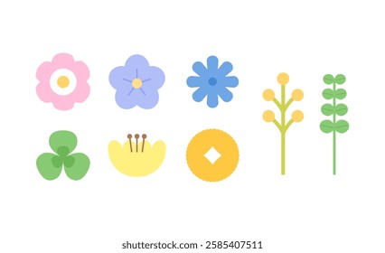 Pastel color flowers and plants sticker set. Isolated Flat vector illustration on white background. 