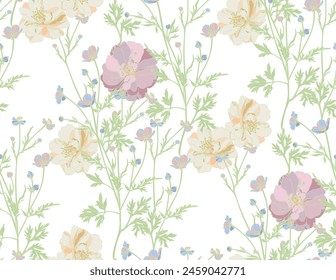 Pastel color flowers seamless pattern on white background for wrapping paper, print wallpaper and textile