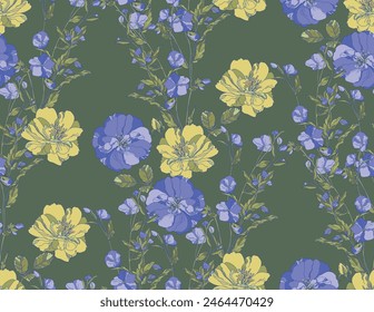 Pastel color flowers seamless pattern on green background for wrapping paper, print wallpaper and textile