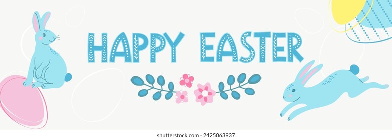 Pastel color flyer with eggs and easter bunny.Happy Easter Poster for the Spring holiday Easter . hand drawn lettering.vector illustration.
