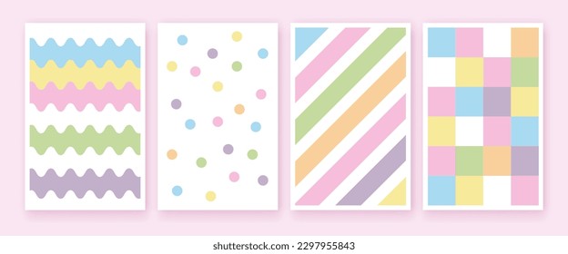 Pastel color geometric cover set. Minimal childish art background collection. Pale light baby style