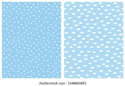 Pastel Color Geometric Seamless Vector Patterns. White Semi Circles Isolated on a Blue Background. Simple Romantic Print with Sweet Tiny Hearts on a Light Blue Layout. Baby Boy Party Decoration.