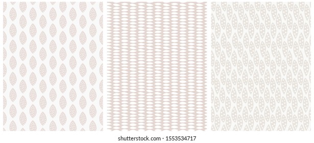 Pastel Color Geometric Seamless Vector Patterns. White Spots Isolated on a Beige Background. Simple Dotted Print with Elements on a Light Gray Layout. Gender Neutral Color Repeatable Vector Design.