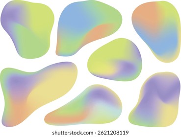Pastel color gradient irregular forms. Set of vector holographic liquid shape backgrounds. Iridescent rainbow fairytale holograms. Pearlescent unicorn fantasy gradients. Blurred holo spectrum frames