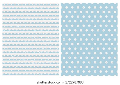 Pastel Color Grunge Seamless Geometric Vector Patterns. Light Blue Semi Circles Isolated on a Off-White Background. Polka Dots on a Blue. Simple Cracked Print. Dotted Backdrop. Marine Style Design.