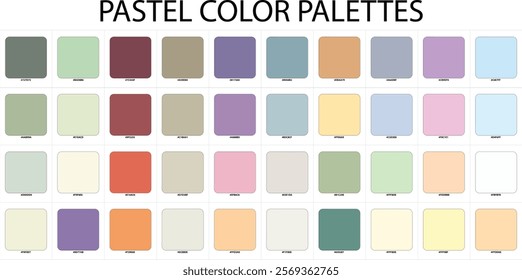 Pastel Color Guide Palette. For interior design, graphic designer, branding, data visualization, fashion business, garments, seasonal color analysis, and paints companies.