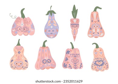 Pastel color Halloween pumpkins Clipart in mexican sugar skull style. Dia de los Muertos card, decoration, stickers.