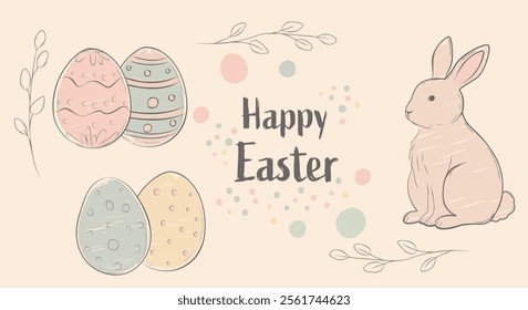 Pastel color Hand Drawing Happy Easter set with drawn Eggs, Flowers, Easter Bunny. Happy Easter. Modern style Trendy Easter design with typography, hand painted strokes and dots, eggs and rabbit