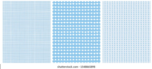 Pastel Color Hand Drawn Childish Style Vector Patterns.White Horizontal Stripes, Tiny Grid On a Blue Backround. White Dots and Lines on a Light Blue Layout. Cute Simple Geometric Vector Prints.