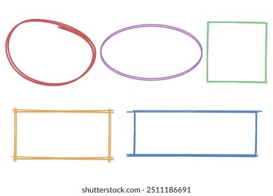 Pastel color hand drawn grunge doodle frame set, marker pen line strokes, square circle rectangle oval ellipse border design elements