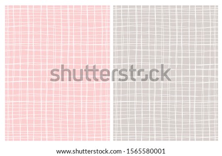Pastel Color Hand Drawn Irregular Geometric Patterns. Tiny White Grid Isolated on a Pink and Beige Background.Cute Infantile Style Repeatable Design. Checkered Vector Print Ideal For Fabric, Textile.