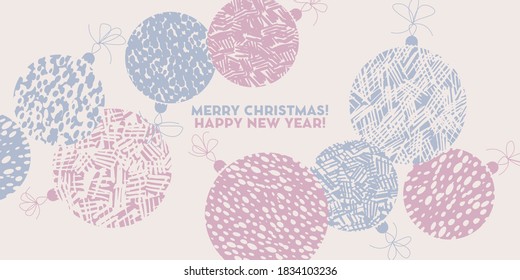 Pastel color hand drawn textured Christmas balls ornament for card, header, invitation, poster, social media, post publication.
