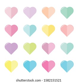 Pastel color heart set.Flat design valentine heart  icons.