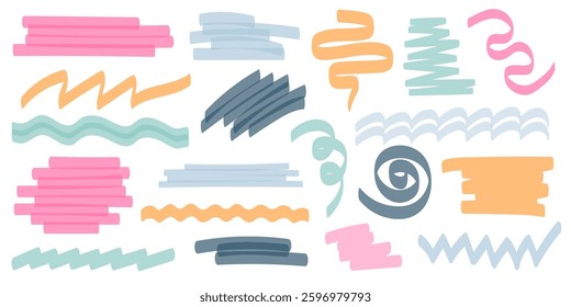 Pastel color highlighter stripes, scribble strokes, freehand hatching, handwriting wavy line, zigzag, swirl set. Colorful handwritten drawings, permanent brushstroke design element vector illustration