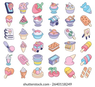 Pastel Color Isometric Icons of Ice Cream Desserts and Sweet Treats for Menus