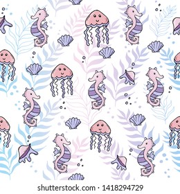 Pastel color jungle seamless tropical pattern with sea animals and shells.