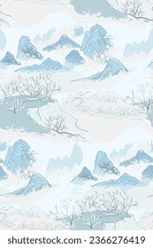pastel color landcape japanese chinese traditional vector illustration card background seamless pattern colorful watercolor ink textured