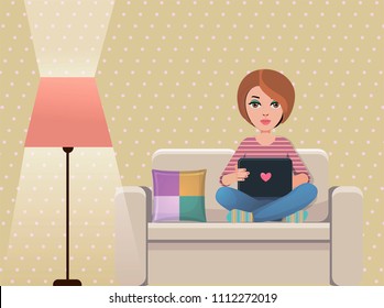 pastel color living room with girl sitting on the couch 