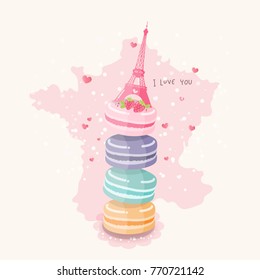Pastel color mararoons decorate with Eiffel tower on top with cute strawberry, hand drawn. Vector illustration. 