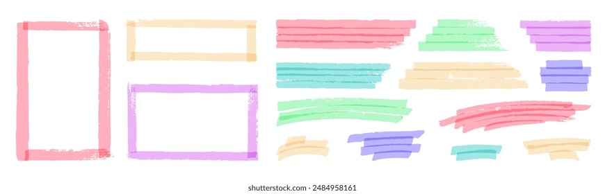 Marcador de color pastel con líneas de resaltado. Subrayados y marcos de acuarela pintados a mano. Colección de línea de Vector de color de bebé lindo suave. Conjunto de Elementos de diseño abstractos simples femeninos