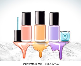 Pastel color nail lacquer mockup set on marble stone wall in 3d illustration