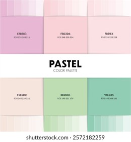 Pastel Color Palette Guide. Colour swatch collection of warm and neutral pastel tone for art, fashion, beauty, graphic, design, palette of shades from light to dark. RGB color codes. Color theme chart